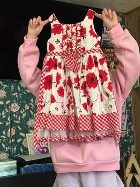 Girl's Red Floral & Gingham Dress